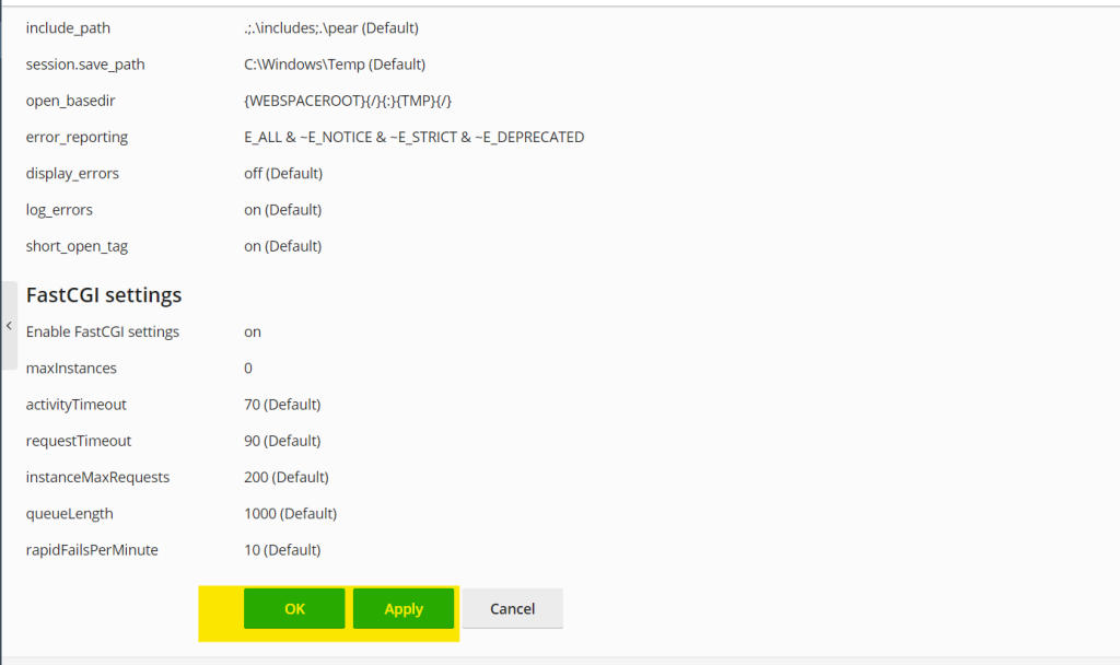 Apply & ok option in plesk control panel