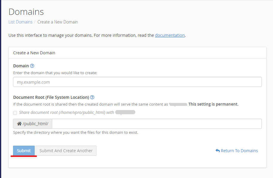 Add a domain in cpanel