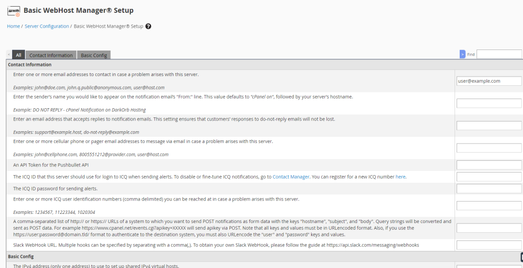 Basic webhost manager - contact information