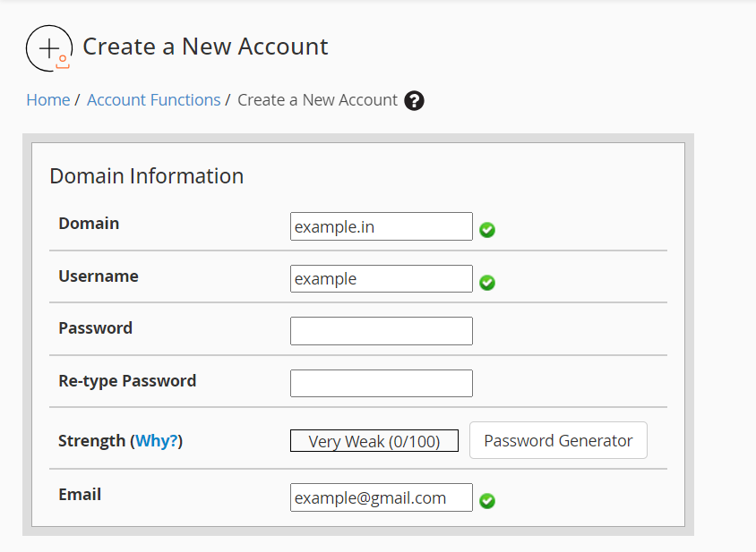 Creating a New Account in cPanel