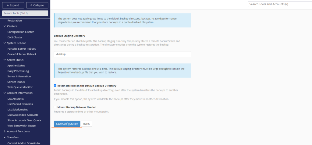 Save backup configuration in cpanel