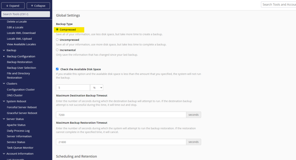 compressed backup files in backup configuration