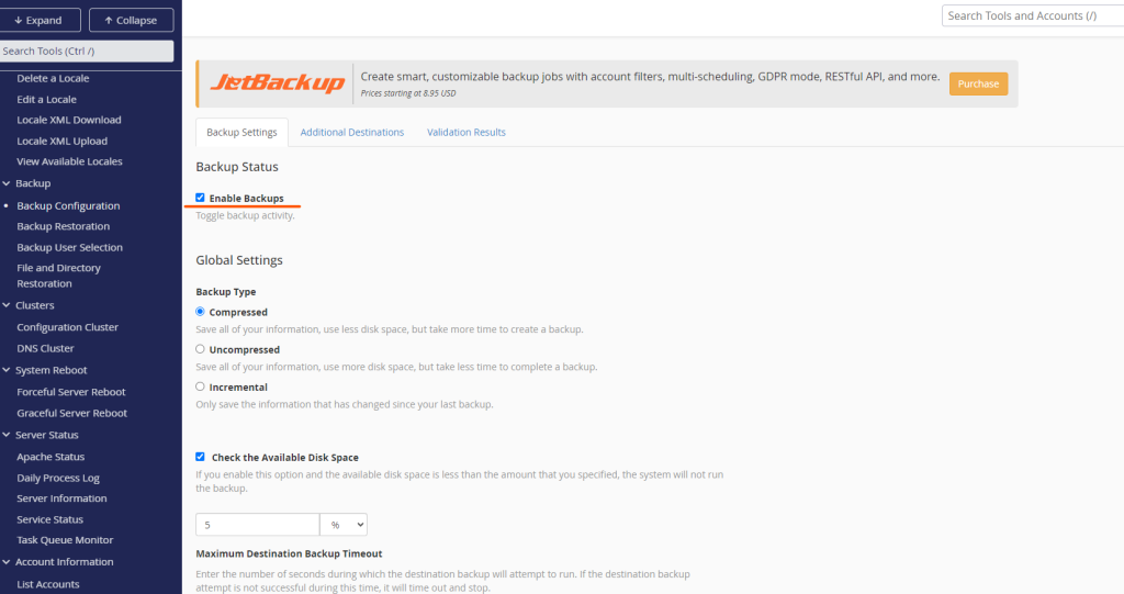 enable backup configurations in cpanel